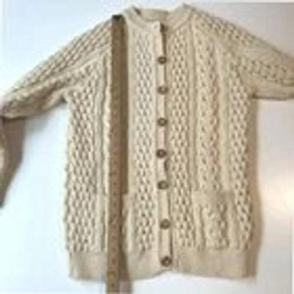 Vtg L.L. Bean Fisherman Cable Knit Cardigan‎ Sweater Womens M Cream Coastal